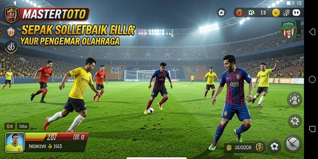 Screenshot utama MASTERTOTO menampilkan aksi gameplay sepak bola yang intens.