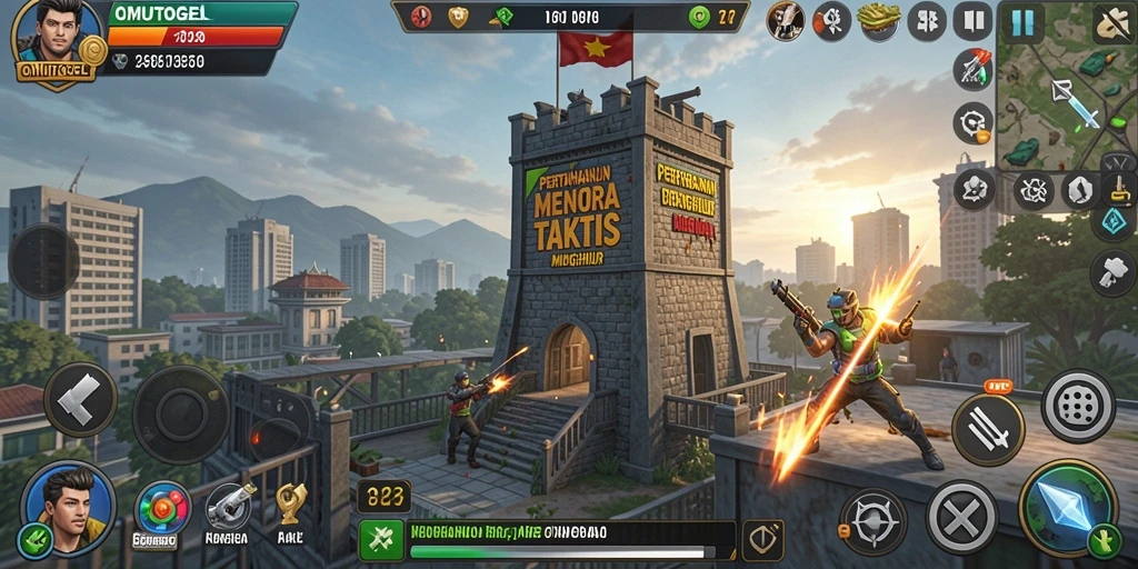Screenshot gameplay OMUTOGEL menampilkan menara dan musuh yang beragam.