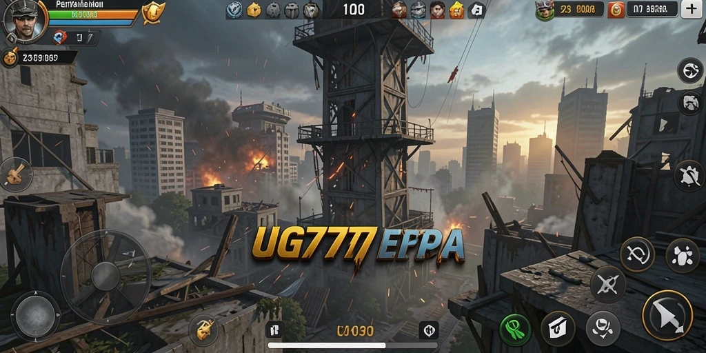 Screenshot utama UG777 yang menunjukkan aksi pertahanan menara yang seru.